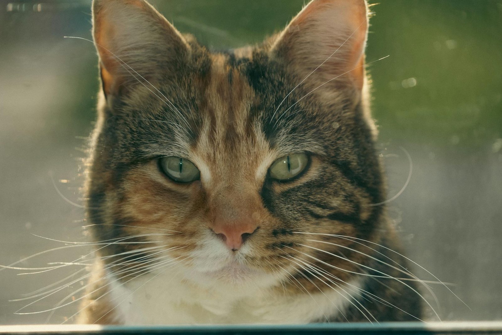 Gato ruivo de pelo curto com olhos verdes brilhantes e expressão carrancuda em close detalhado